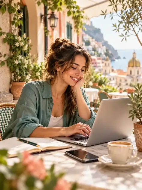 Junge Frau arbeitet mit Laptop und Notizbuch auf einer sonnigen mediterranen Terrasse mit Blick auf die italienische Küste und einer entspannten, inspirierenden Atmosphäre.