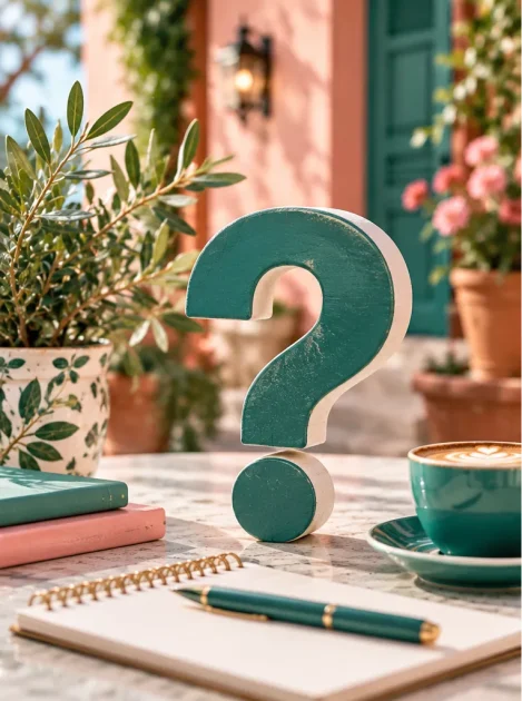 Grünes Fragezeichen auf einem Tisch mit Notizbuch, Stift, Kaffee und mediterranen Pflanzen in einer freundlichen Atmosphäre.