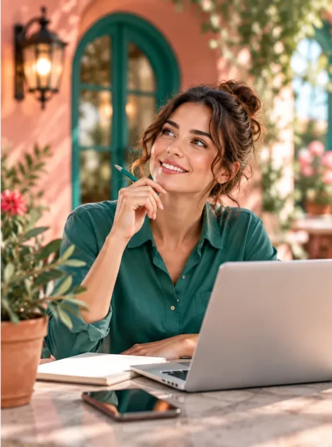 Lächelnde Frau sitzt mit Laptop und Notizbuch auf einer mediterranen Terrasse und sucht nach hilfreichen Informationen und neuen Ideen.