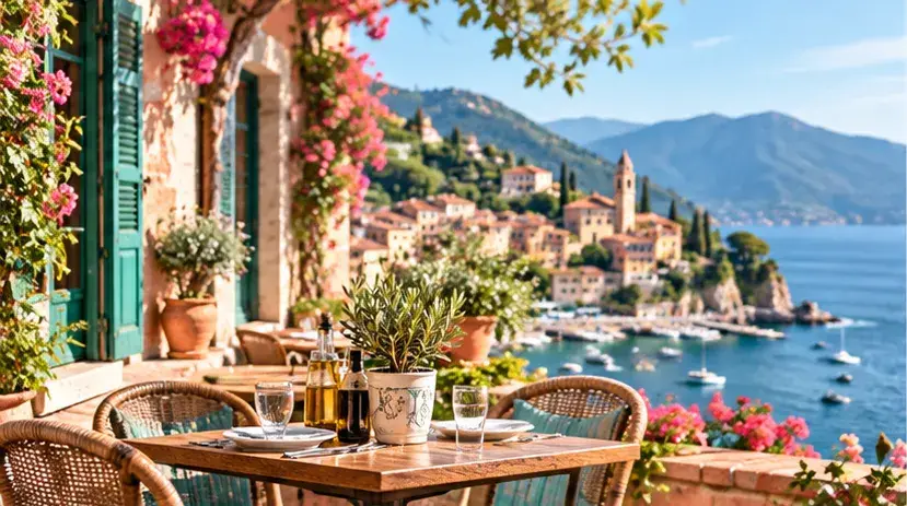 Sonnige italienische Küstenterrasse mit gemütlichen Café-Tischen, grünen Fensterläden, bunten Blumen und herrlichem Blick auf das Meer.