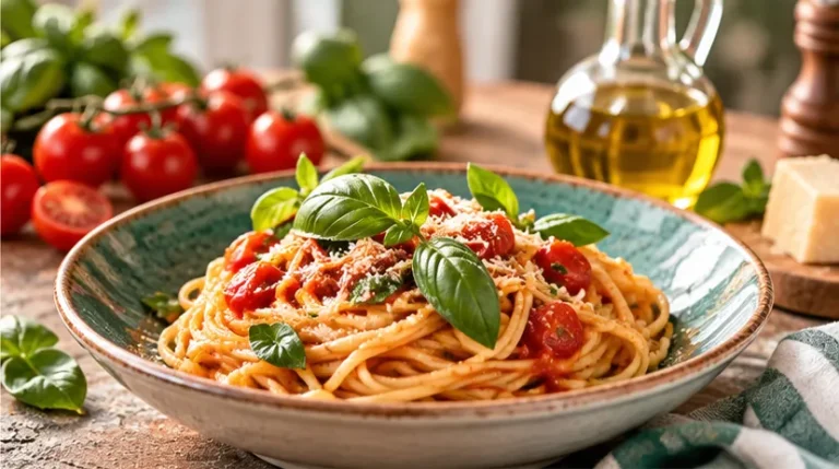 Frisch zubereitete italienische Pasta mit Tomatensauce, Basilikum und Parmesan in einer Keramikschale, umgeben von frischen Zutaten.