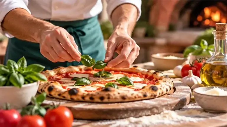 Koch belegt eine frisch gebackene italienische Pizza mit Basilikum, umgeben von Tomaten, Olivenöl und frischen Kräutern.